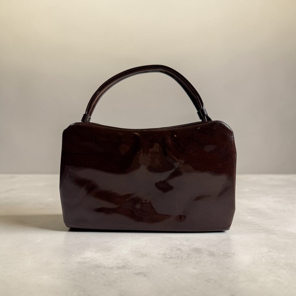 VTG 1950s Kismet Creations Brown Lucite Handbag Patent Purse Snap Top Rockabilly
